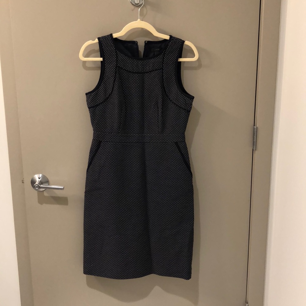 Jcrew navy suit dress with white polka dots